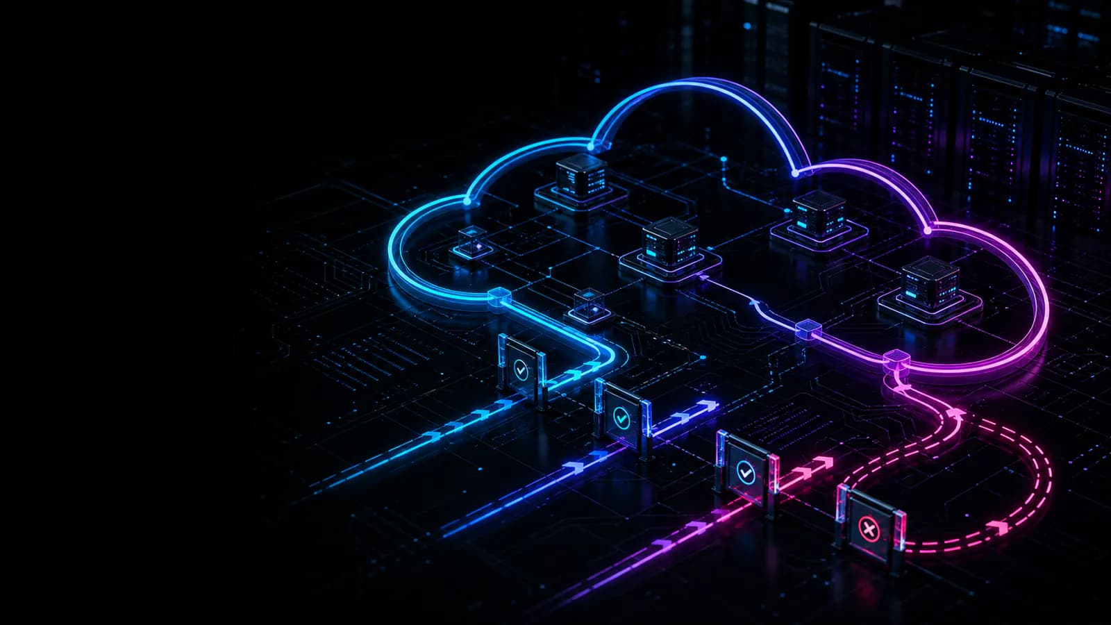 Dark Kubernetes multi-cloud platform with glowing cloud topology and rollback routes
