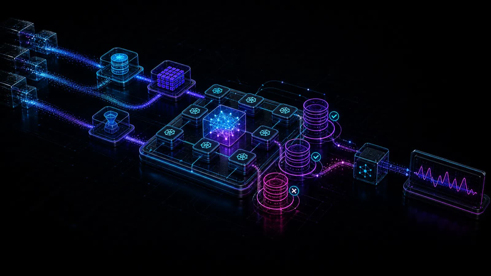 MLOps pipeline with model core, feature stores, evaluation gates, and Kubernetes serving lanes