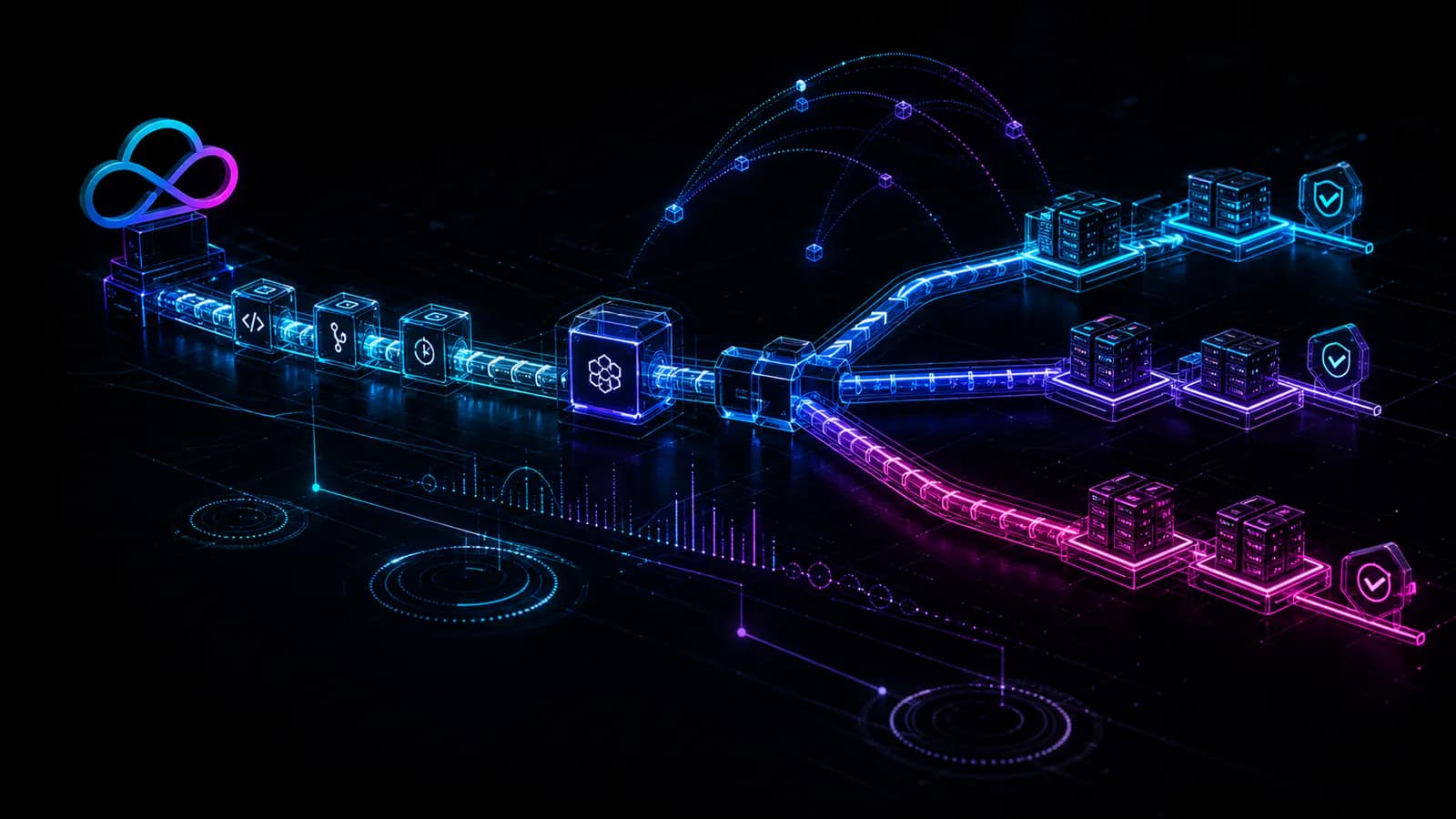 Cloud platform routing diagram with deployment lanes across infrastructure nodes