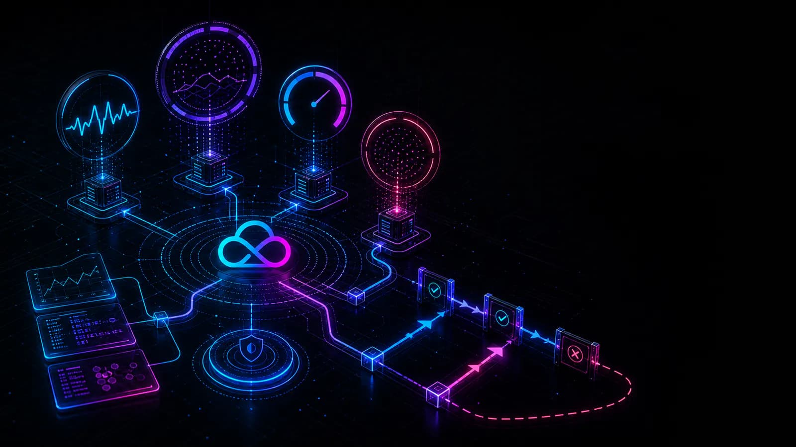 DevOps observability architecture with SLO rings, service telemetry, and rollback automation