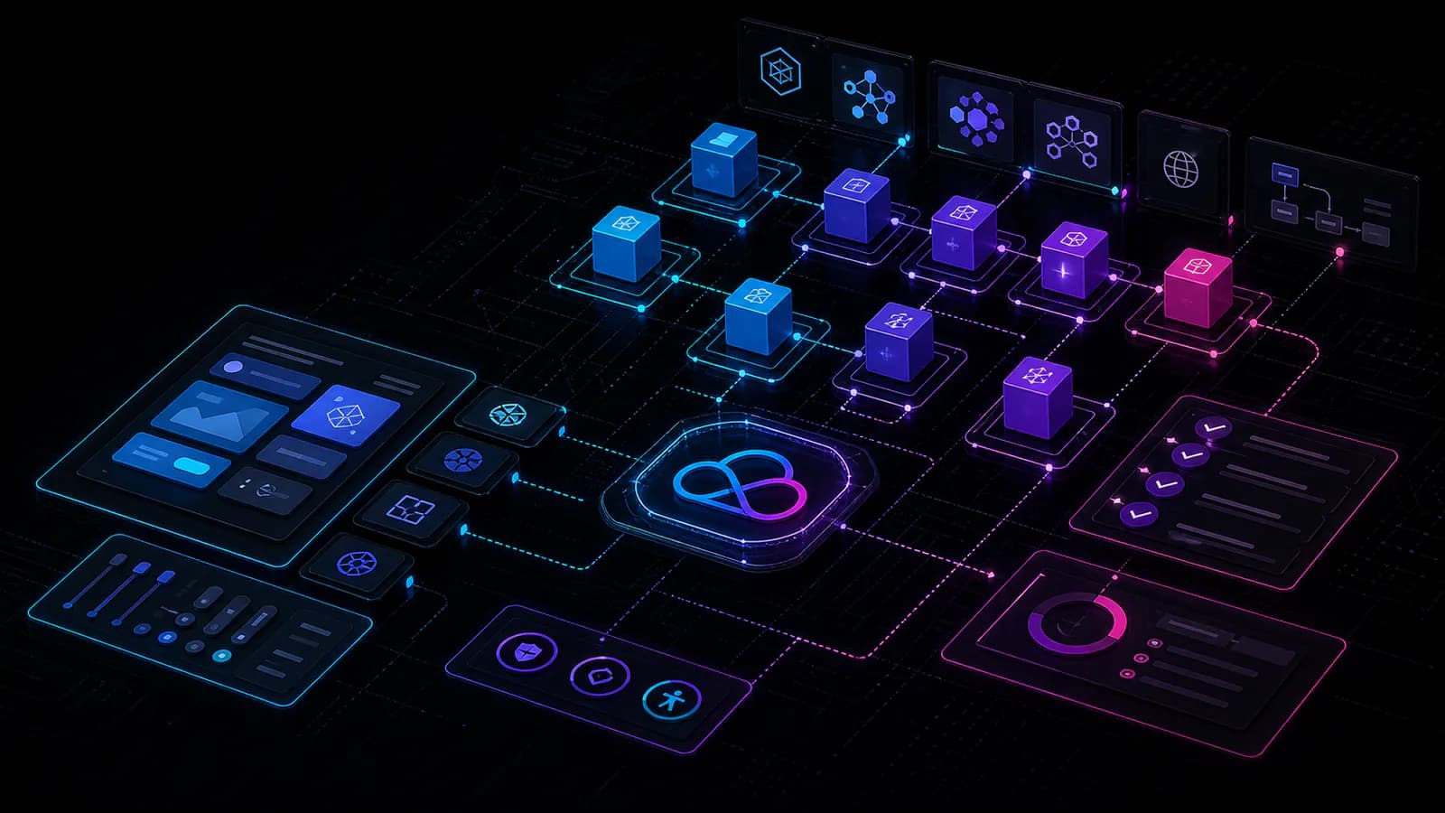 TypeScript monorepo architecture with UI components, APIs, tests, and service cubes