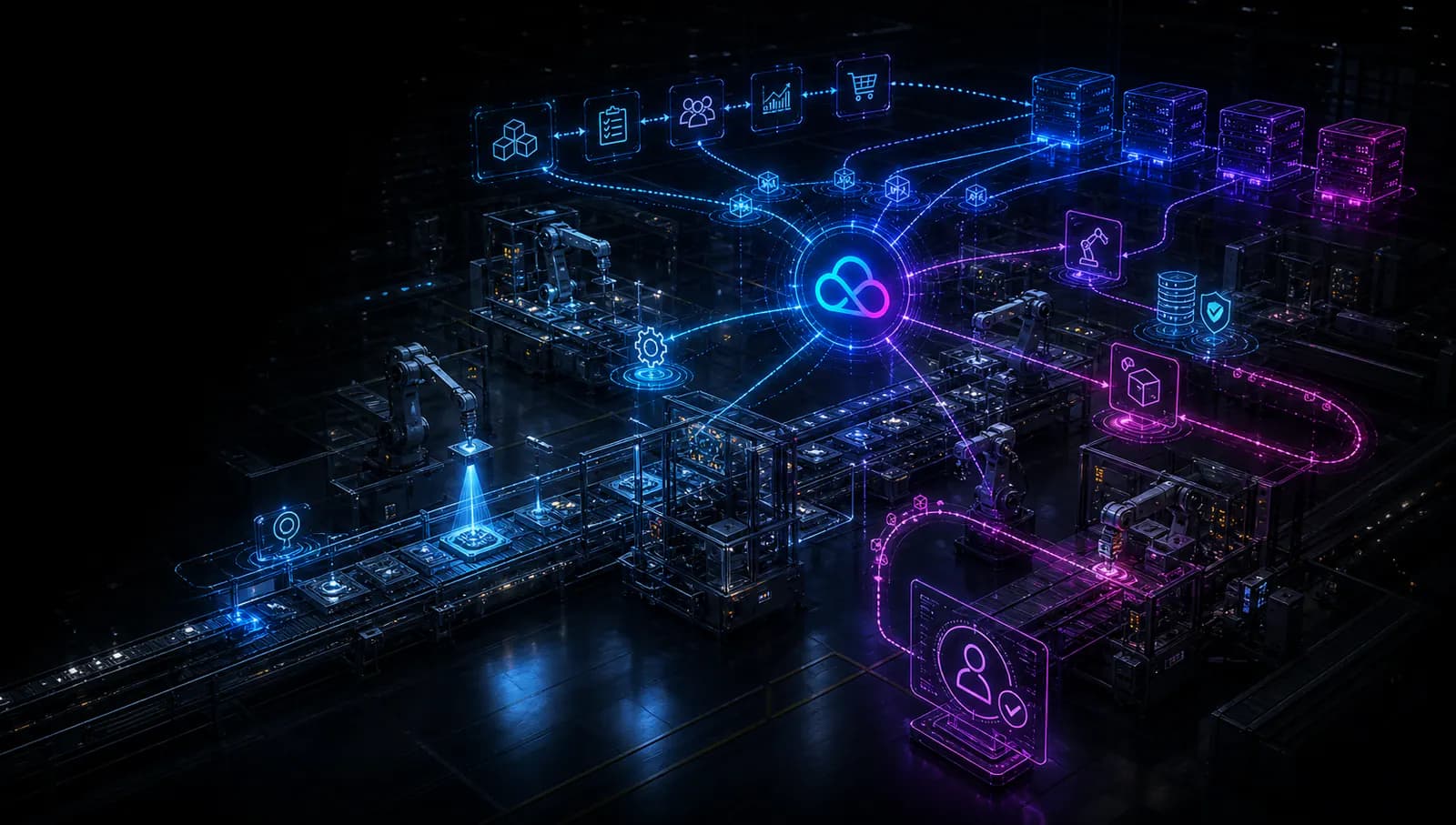 Agentic dark factory floor connecting machines, sensors, quality gates, and enterprise systems