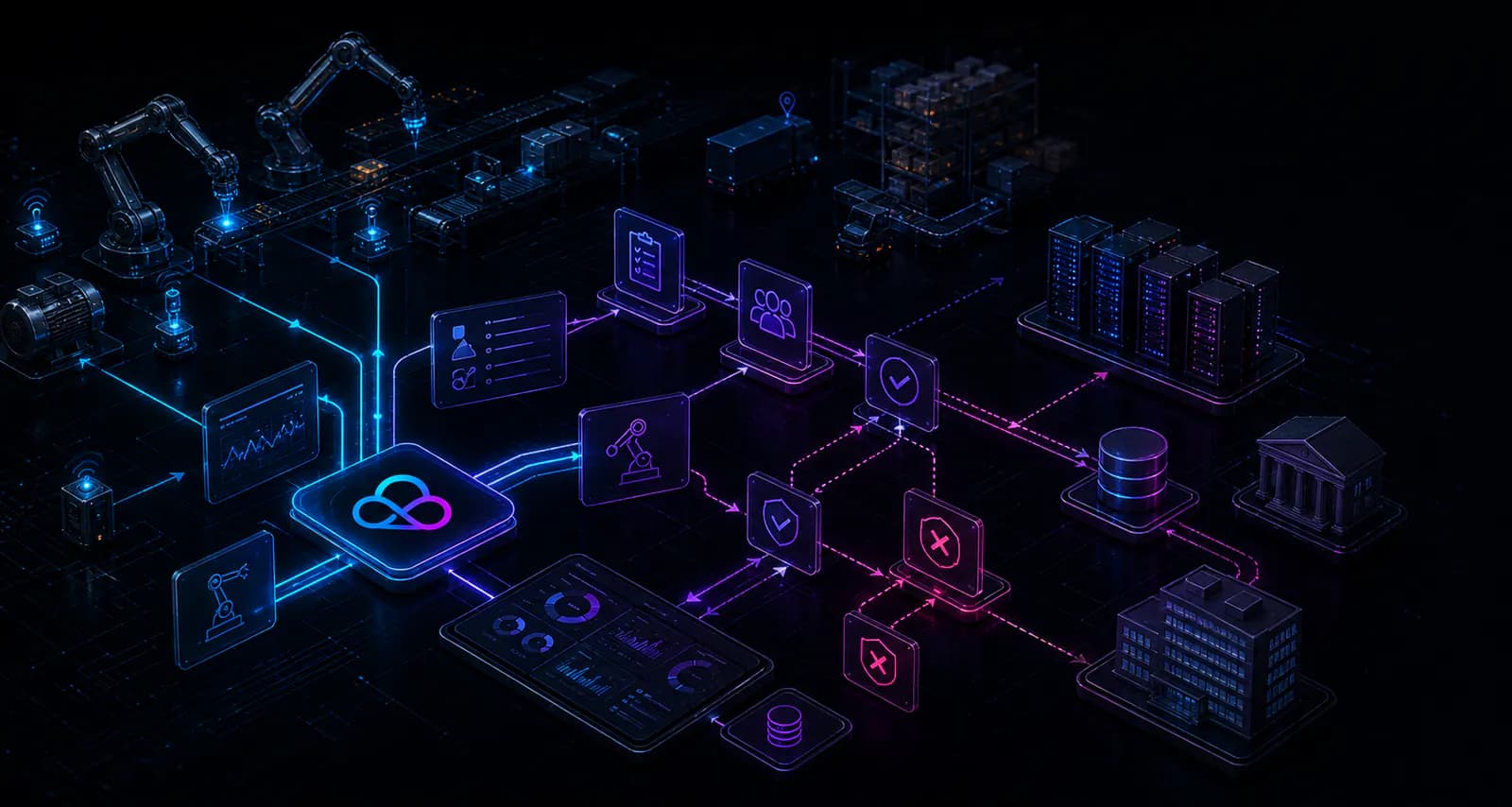 Enterprise system modules connected through cloud APIs and company workflow routes