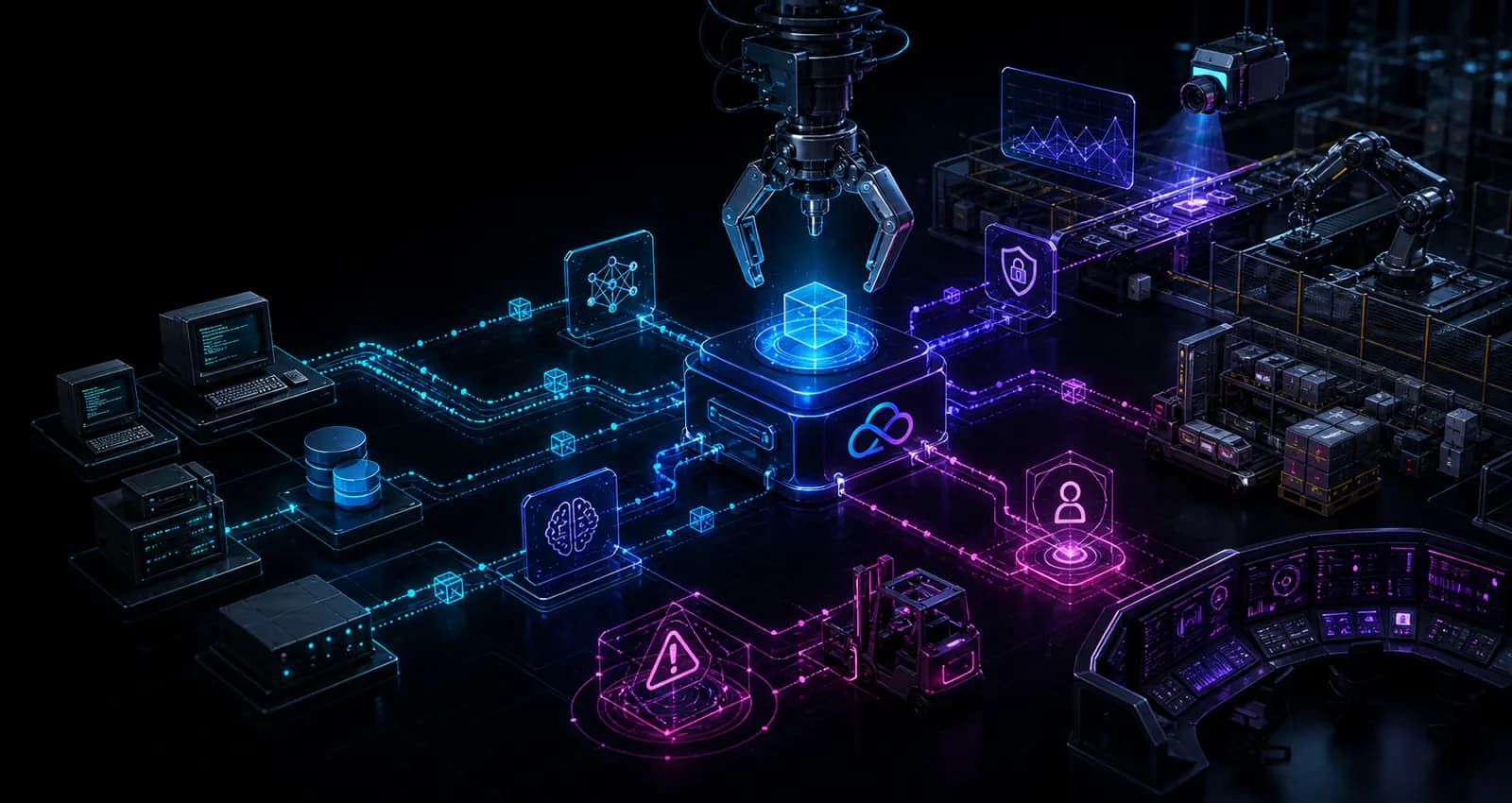 Robotic smart factory orchestration layer connected to legacy systems and AI control loops